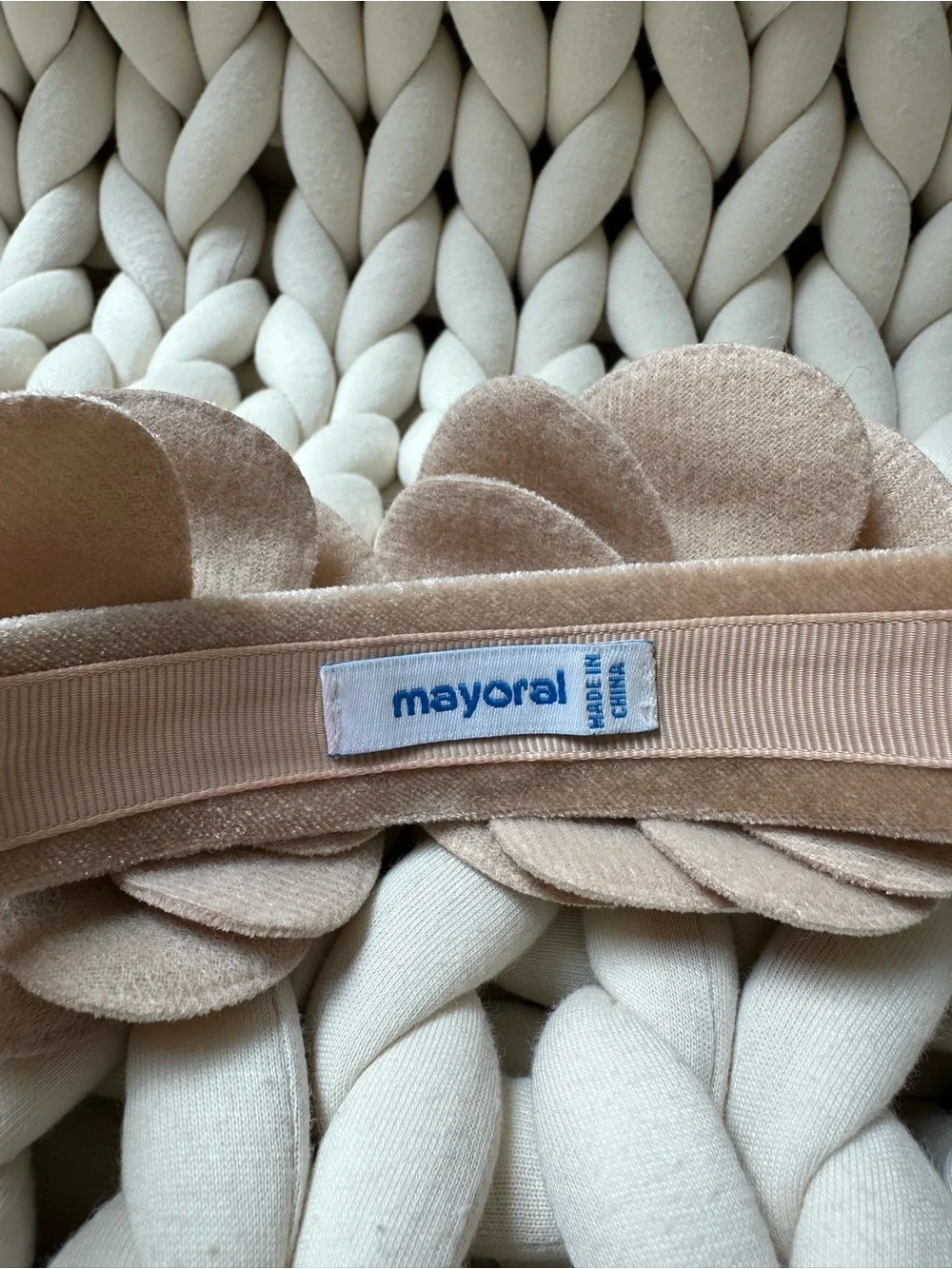 Mayoral Beige Velvet Girls Headband with Statement Flowers and Embelishments